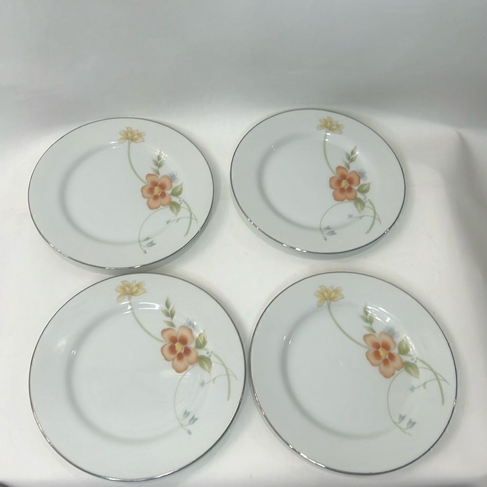 Annabelle Fine China Japan Saucer 6 1/4 In Round Floral Set 4 Silver Rim Vintage